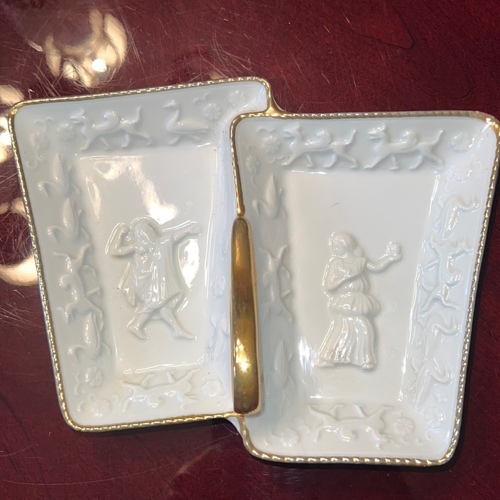 Vintage Double Sided Trinket Dish Gold Trim Porcelain